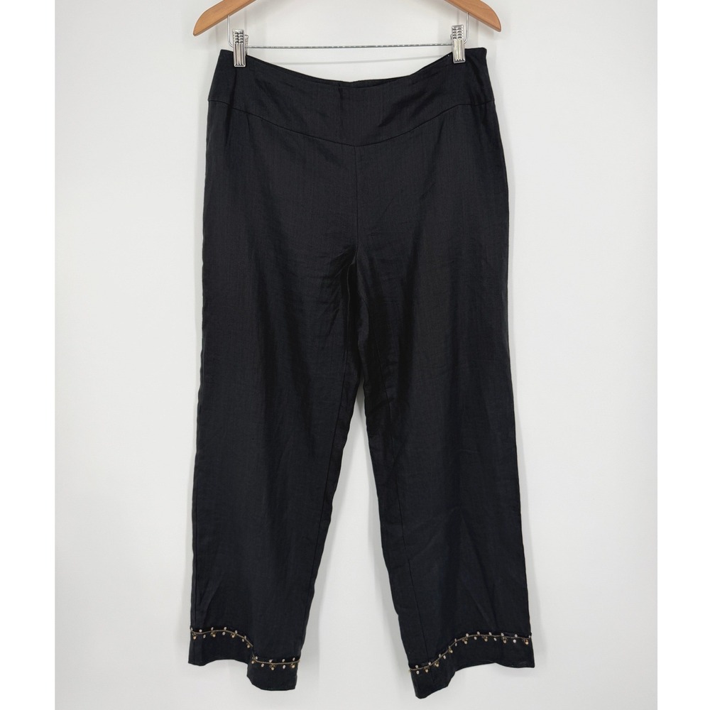 2 Friends Womens Irish Linen Black Wide‎ Leg Crop Pants Sz 10 Beaded Hem